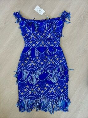 Embellished Royal Blue Off-Shoulder Mini Dress XS brand new